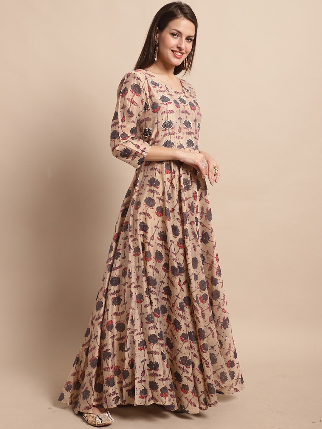 

KALINI Women Floral Printed Pure Cotton Anarkali Kurta with Trousers & Dupatta, Brown