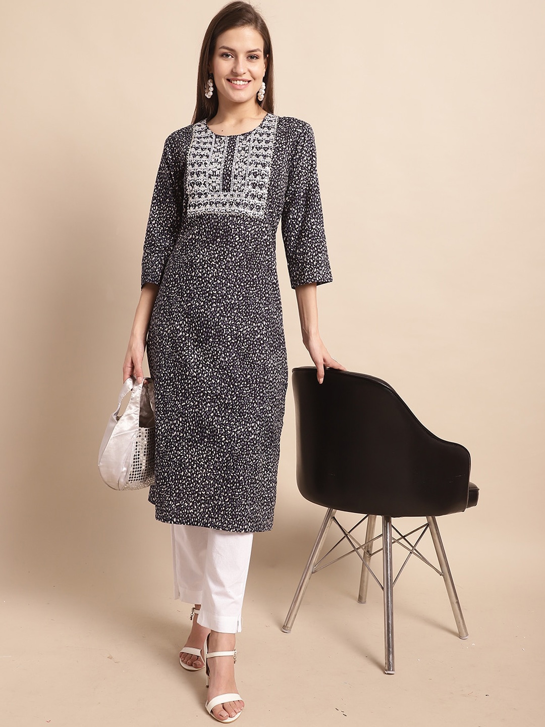 

KALINI Printed Regular Thread Work Pure Cotton Kurta with Trousers, Black