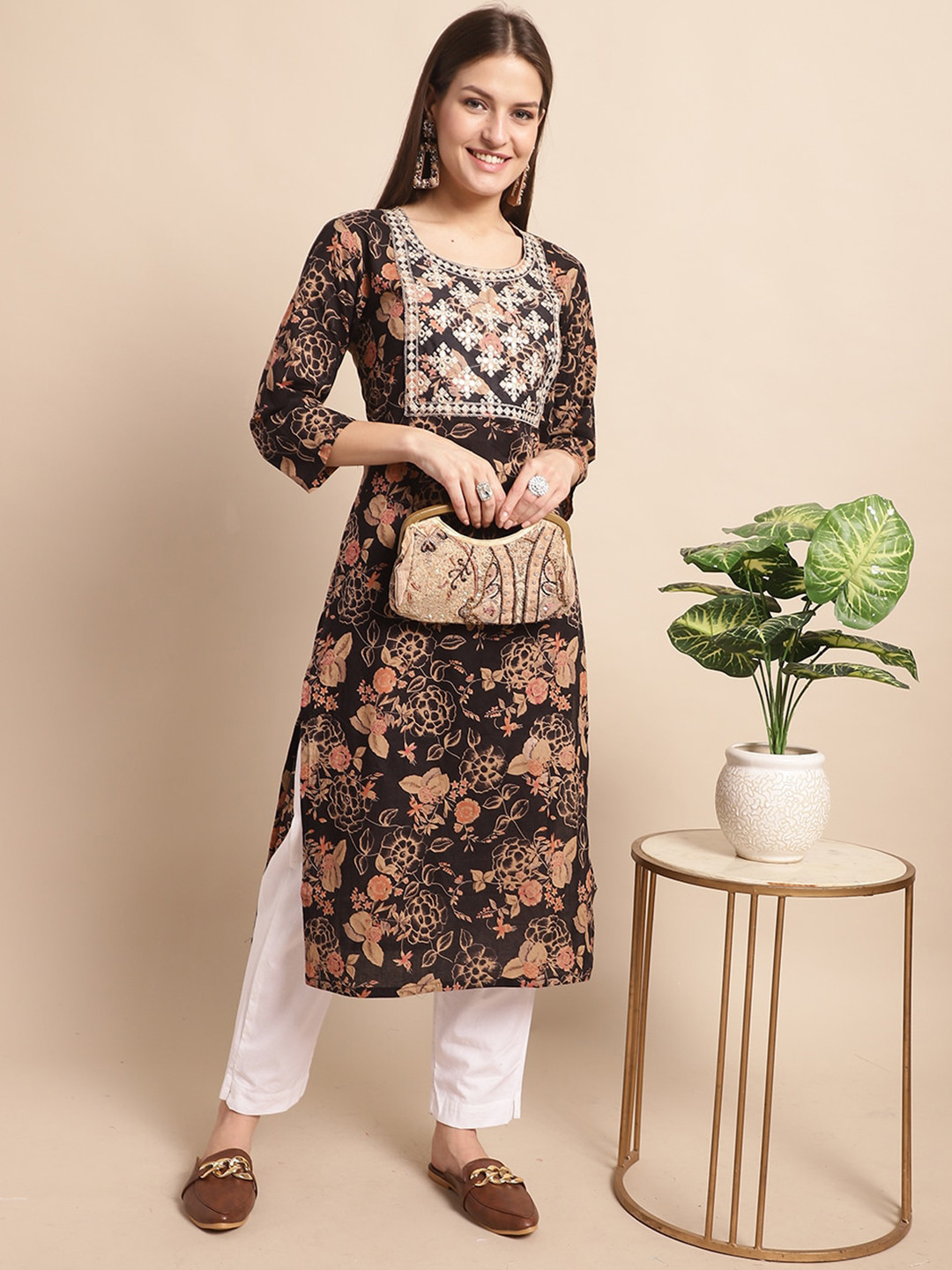

KALINI Floral Printed Embroidered Thread Work Pure Cotton Kurti with Trousers, Black