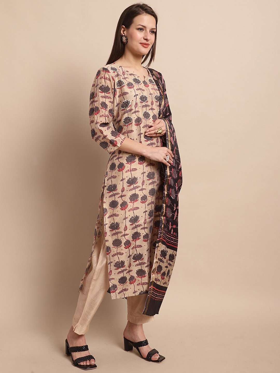 

KALINI Ethnic Motifs Printed Sequined Pure Cotton Kurta with Trousers, Beige