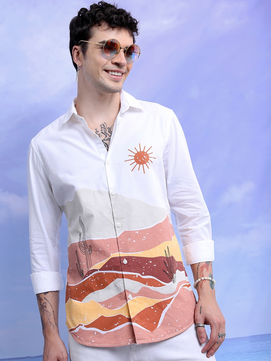 

HIGHLANDER White Slim Fit Abstract Printed Cotton Casual Shirt