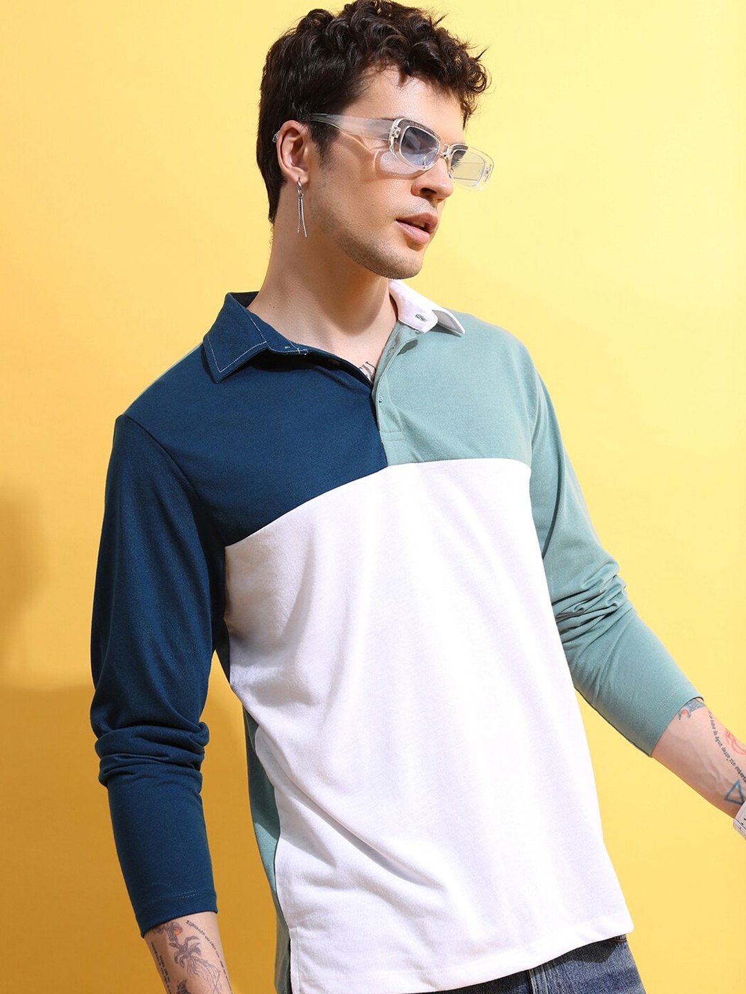 

HIGHLANDER Sea Green Colourblocked Polo Collar T-Shirt