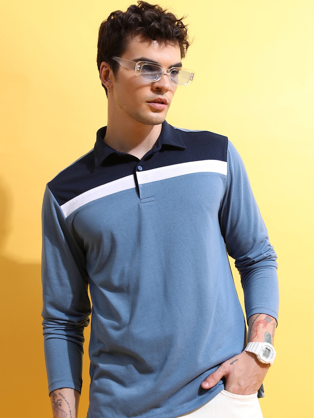 

HIGHLANDER Blue Polo Collar Long Sleeves Regular-Fit T-shirt