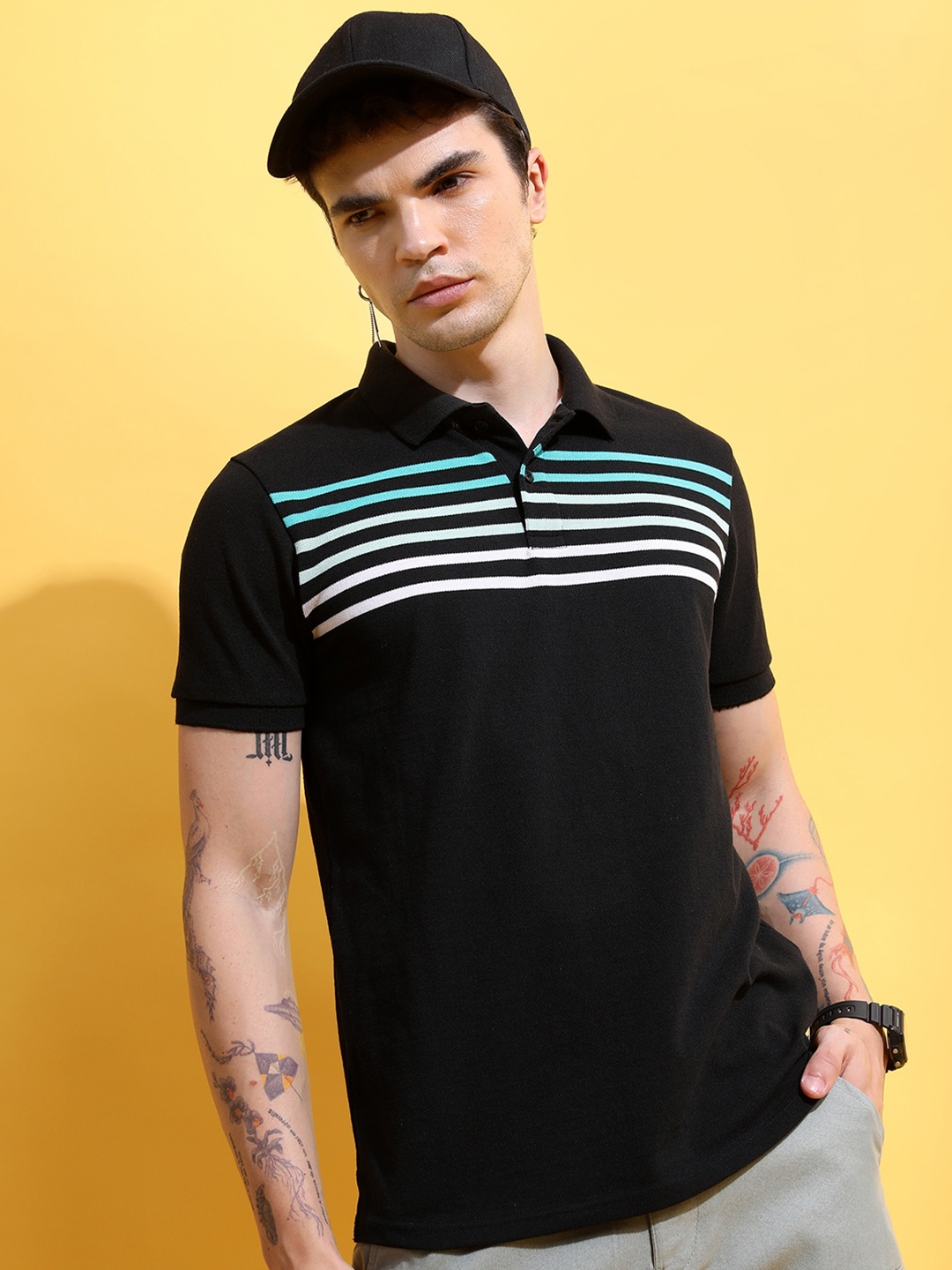 

HIGHLANDER Men Striped Polo Collar Slim Fit T-shirt, Black