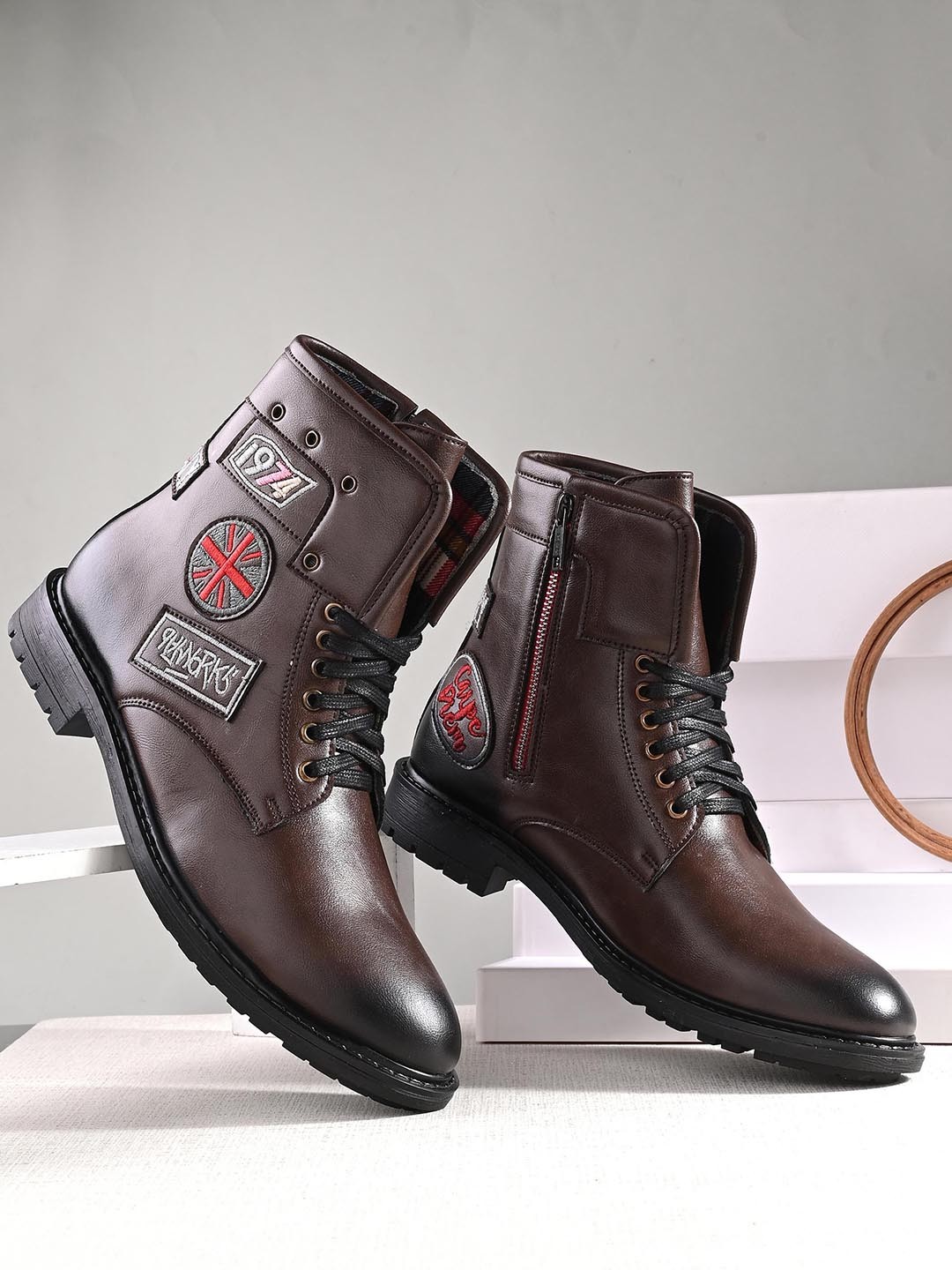 

Eego Italy Men Embroidered Mid-Top Regular Boots, Brown