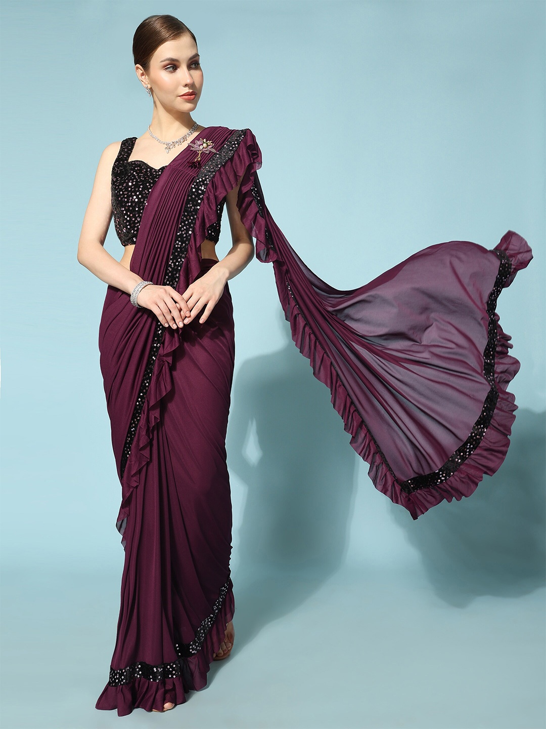 

TEREZA Sequinned Ruffled Party Saree, Burgundy
