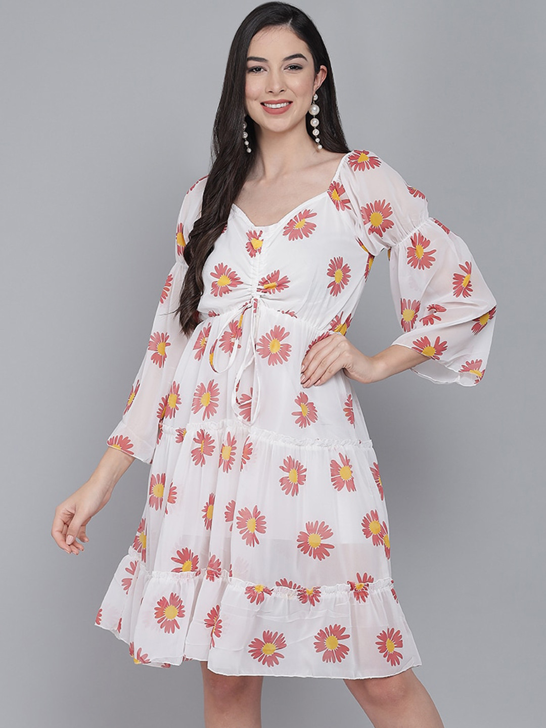 

Funday Fashion Floral Print Flared Sleeve Georgette Fit & Flare Dress, White
