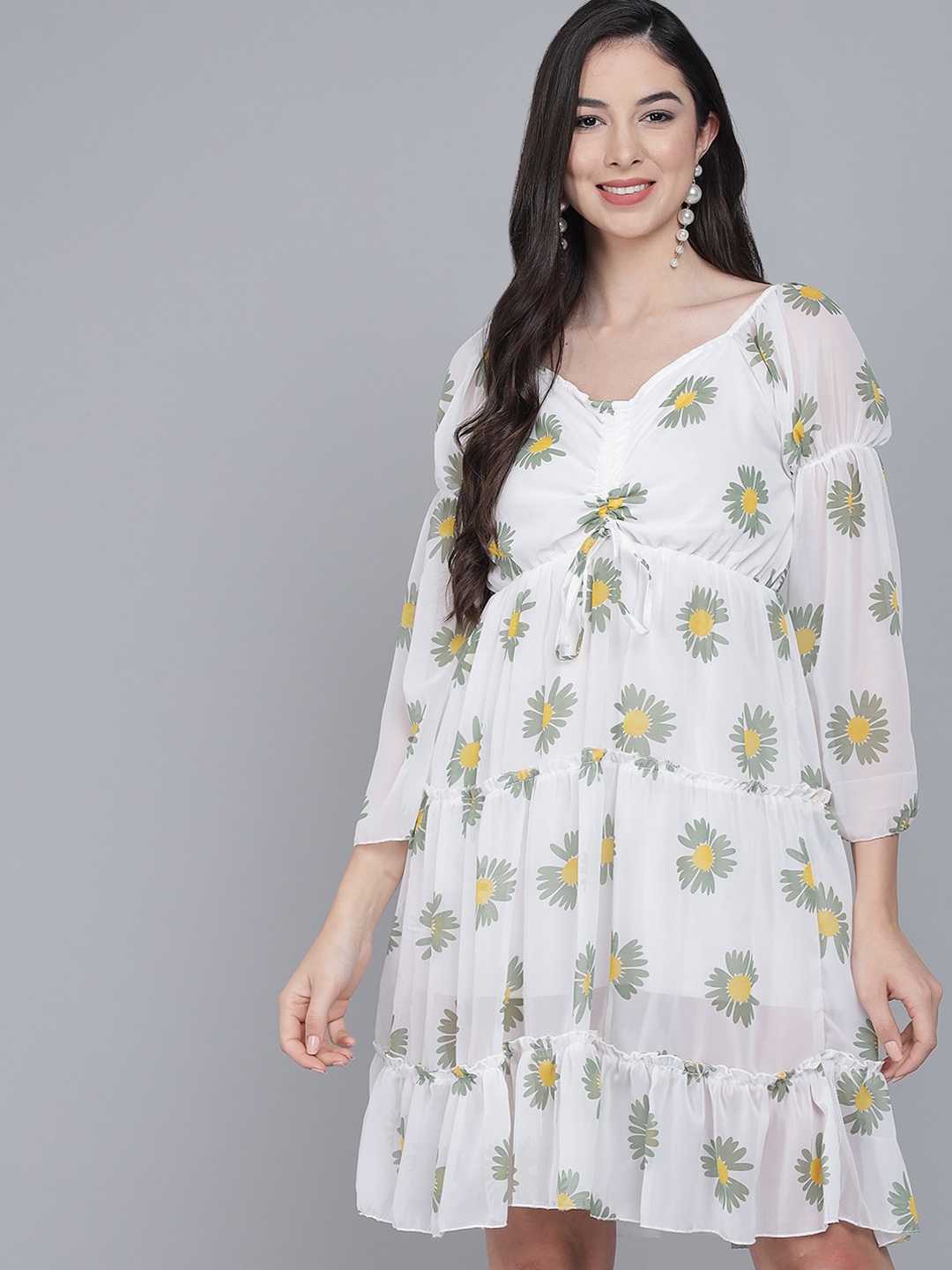 

Funday Fashion Floral Printed Tiered Empire Dress, White