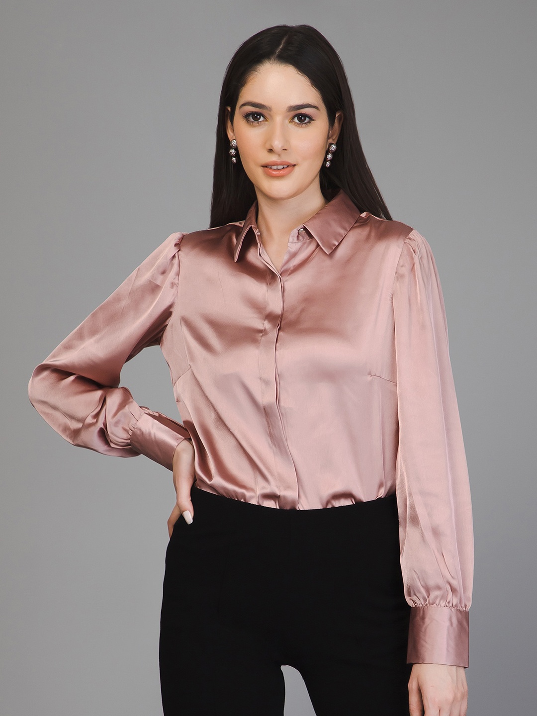 

PURYS Smart Fit Satin Casual Shirt, Pink