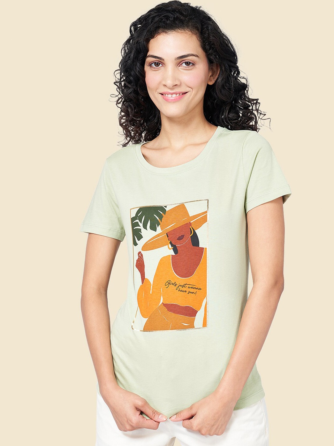 

Honey by Pantaloons Women Printed Cotton T-shirt, Green