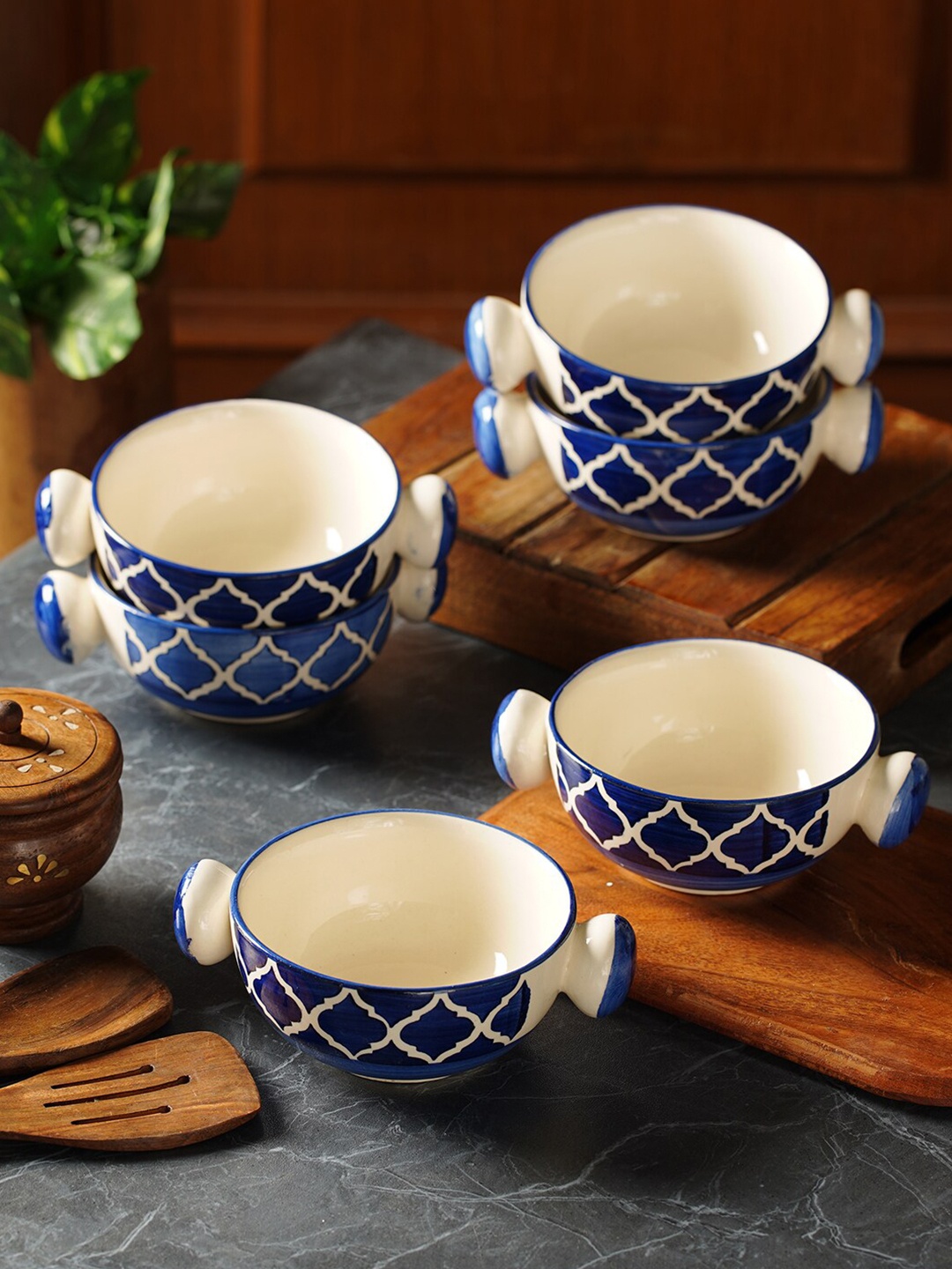

CDI Blue & White 6 Pieces Geometric Printed Ceramic Glossy Bowls