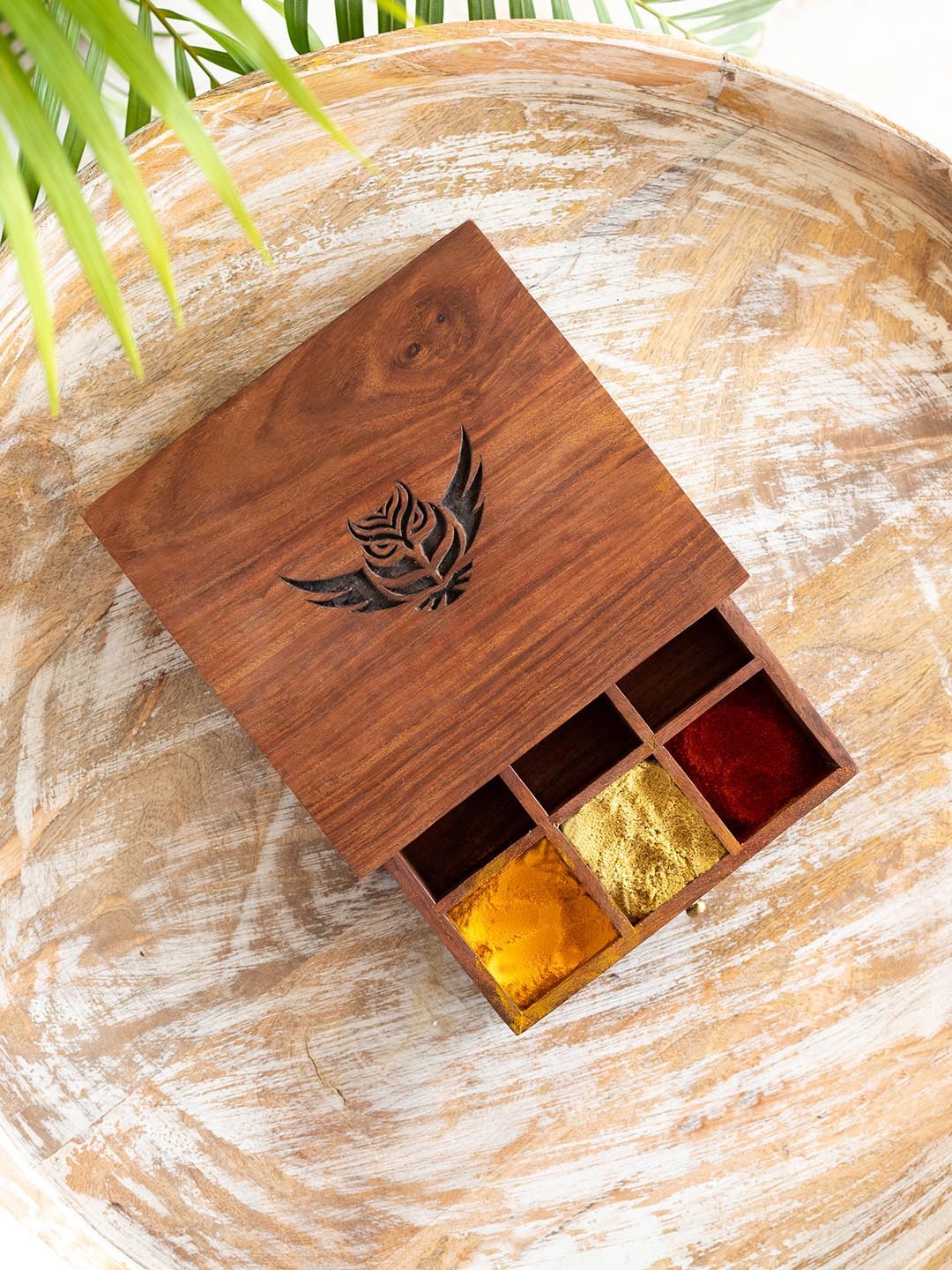 

ExclusiveLane The Spice Trove Brown Owl Engraved Wooden Spice Box With 9 Partition & Spoon