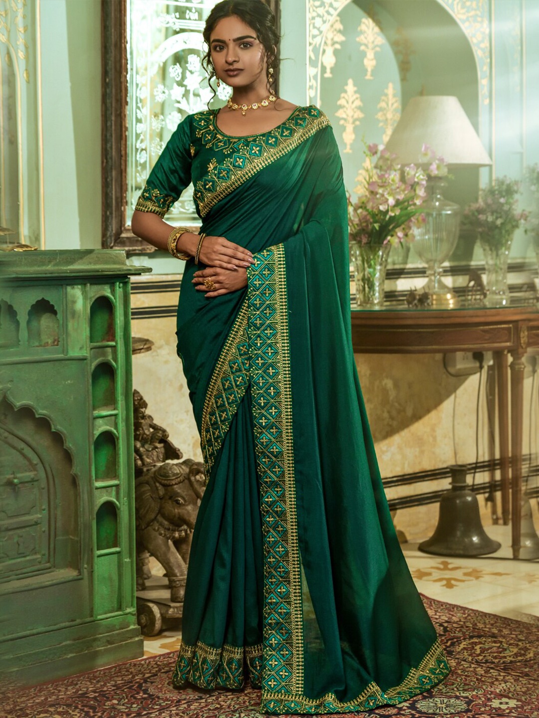 

KALINI Embroidered Silk Blend Saree, Green