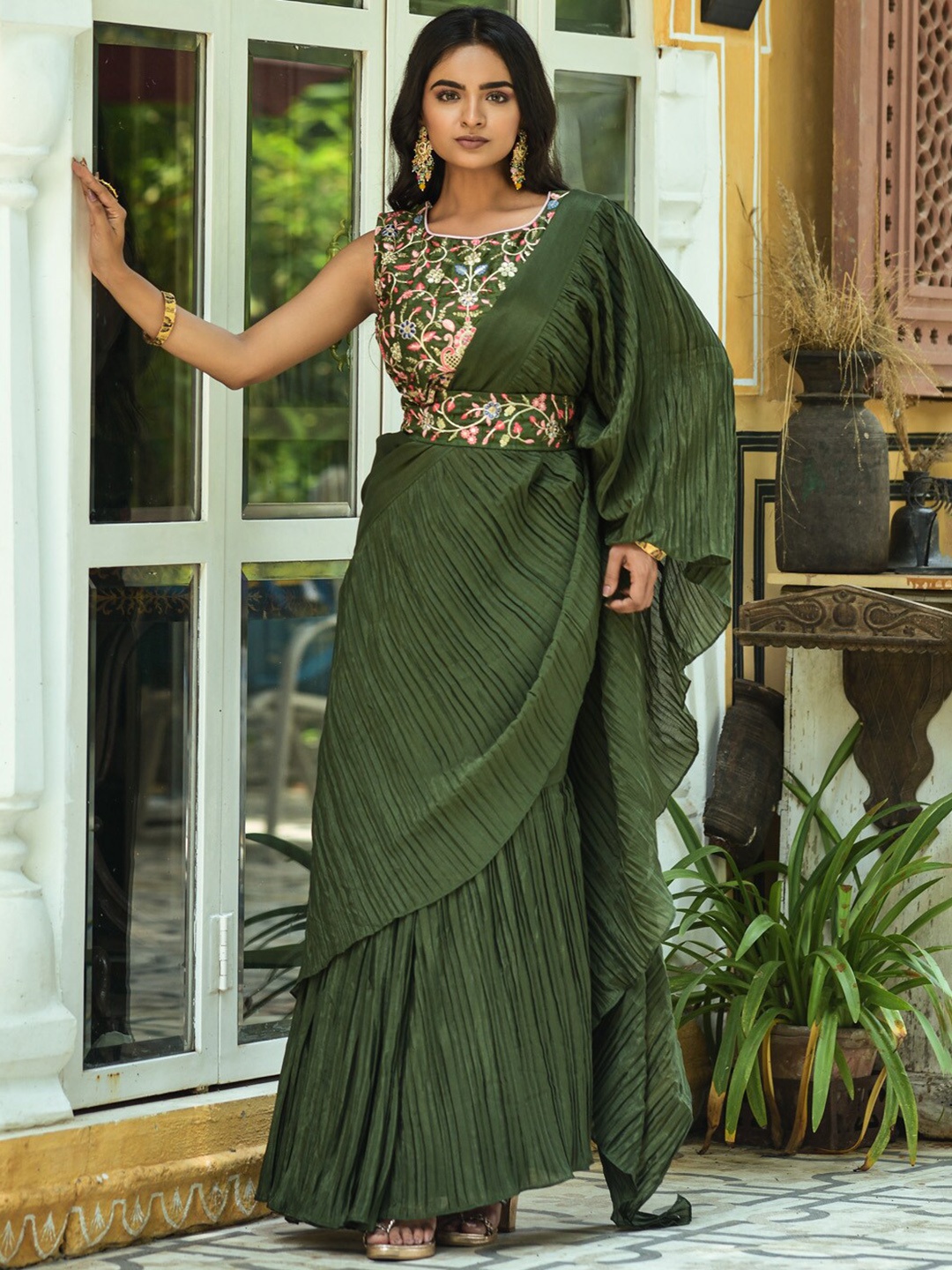 

KALINI Striped Saree, Green