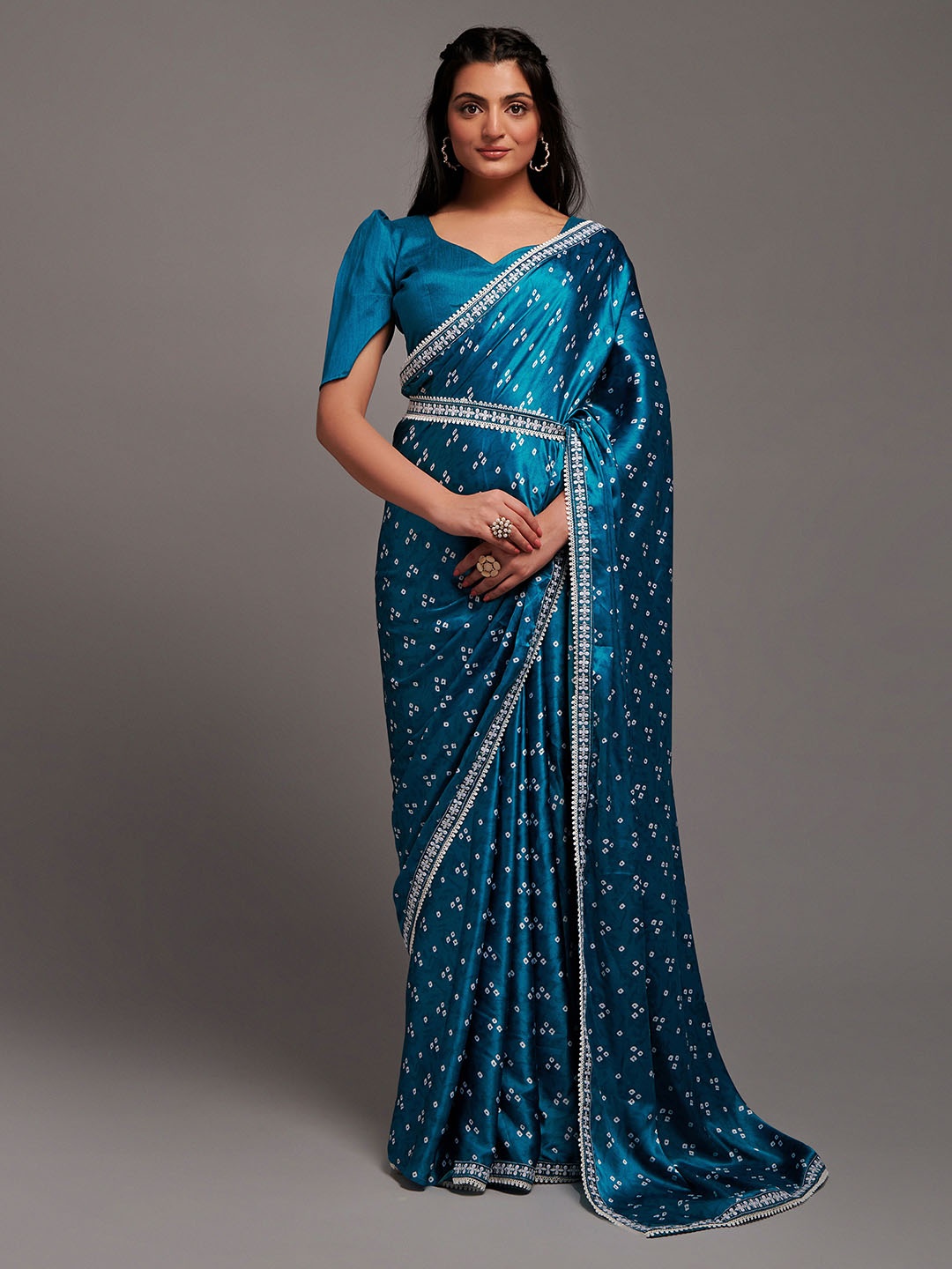 

KALINI Bandhani Printed Zari Satin Saree, Turquoise blue