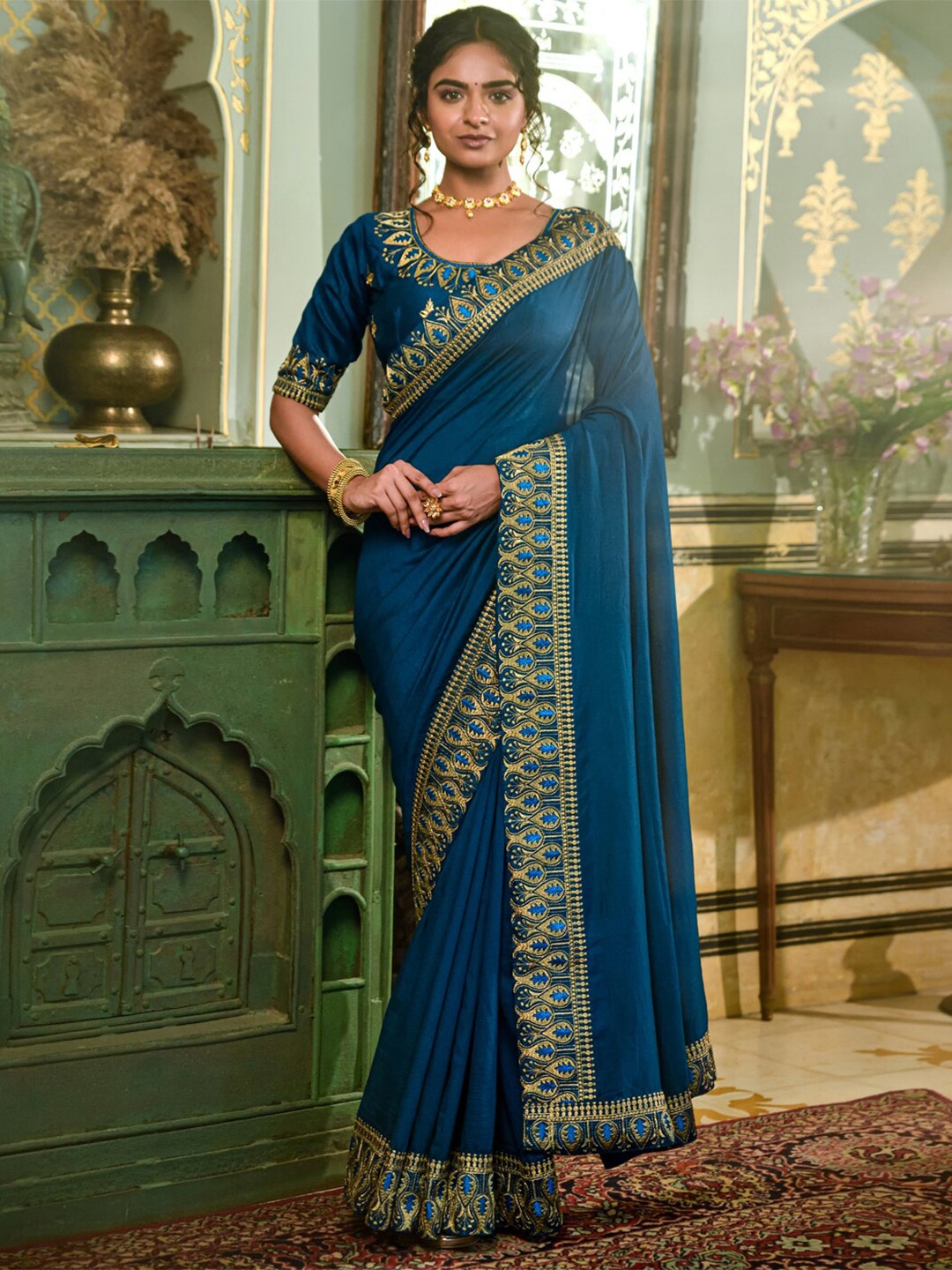 

KALINI Embroidered Bordered Saree, Turquoise blue