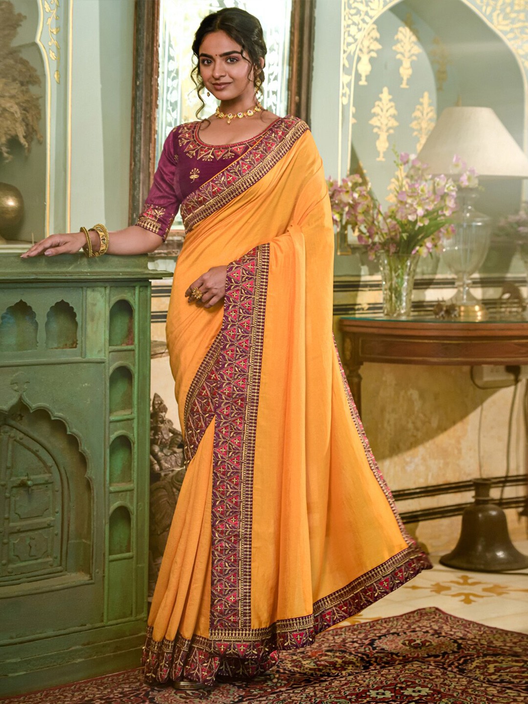 

KALINI Embroidered Silk Blend Saree, Yellow