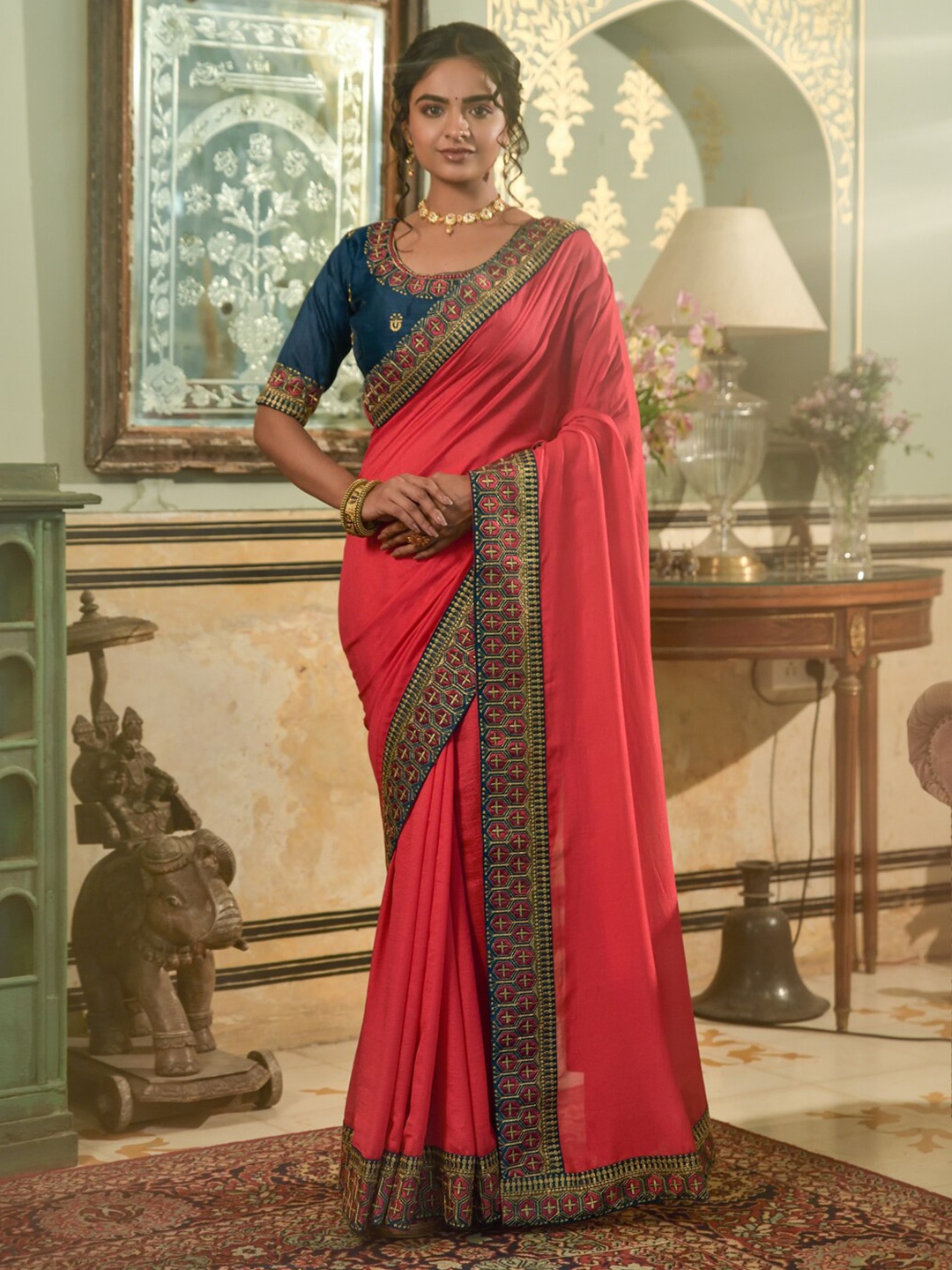 

KALINI Embroidered Silk Blend Saree, Red