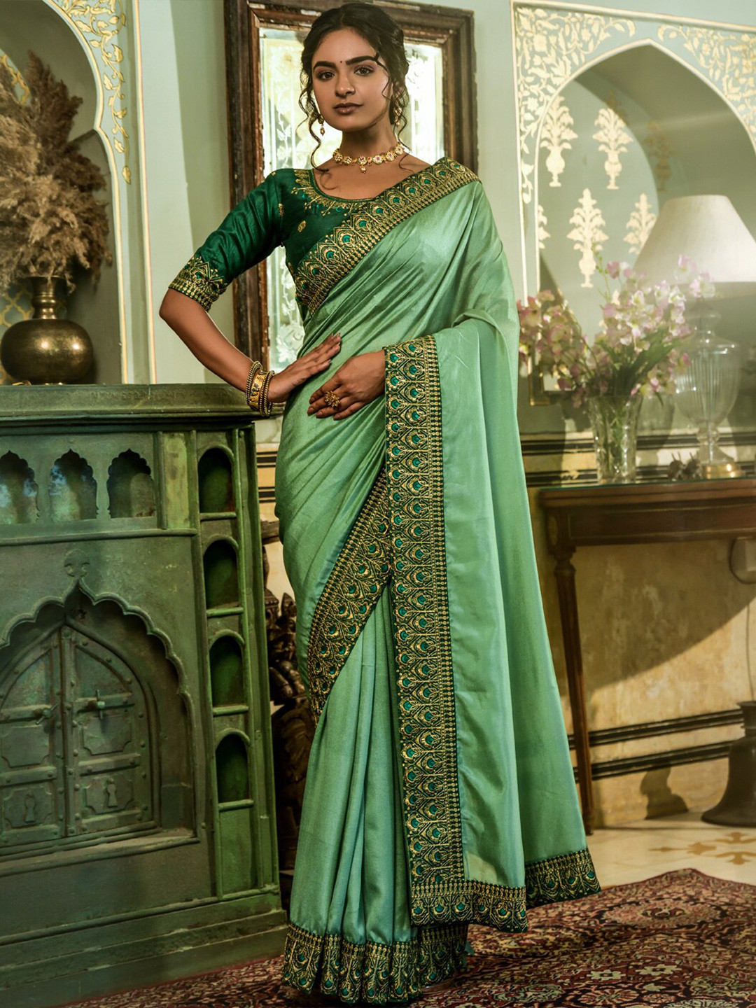 

KALINI Embroidered Border Saree, Lime green