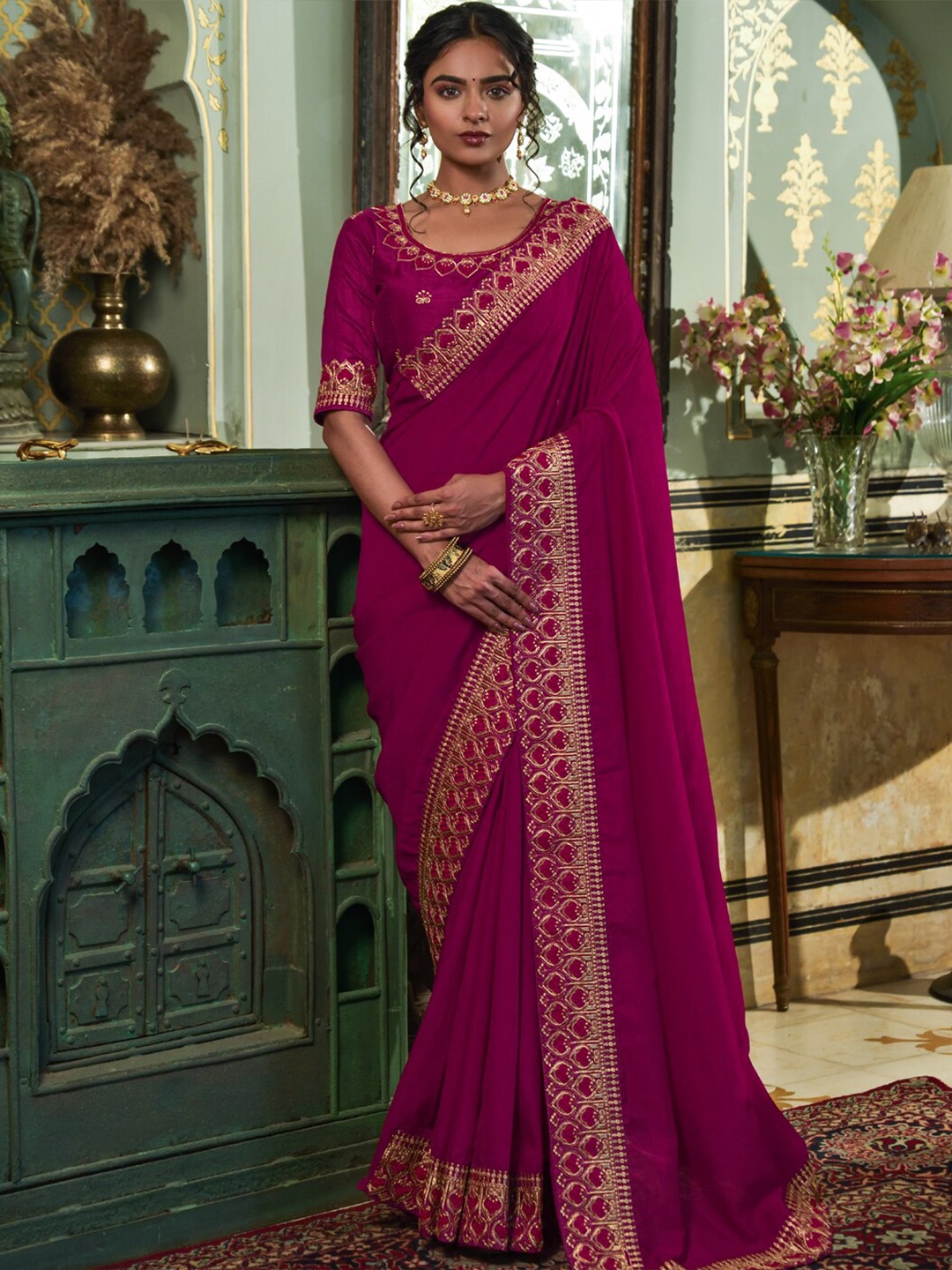 

KALINI Embroidered Border Saree, Magenta