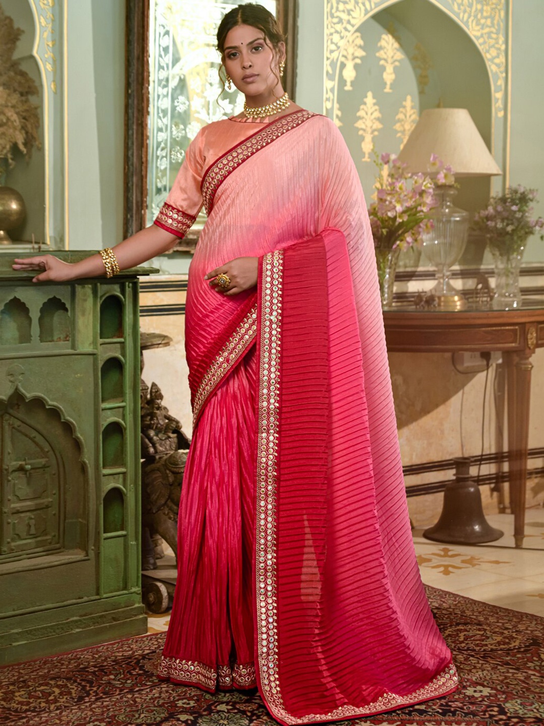 

KALINI Ombre Dyed Embroidered Border Saree, Pink