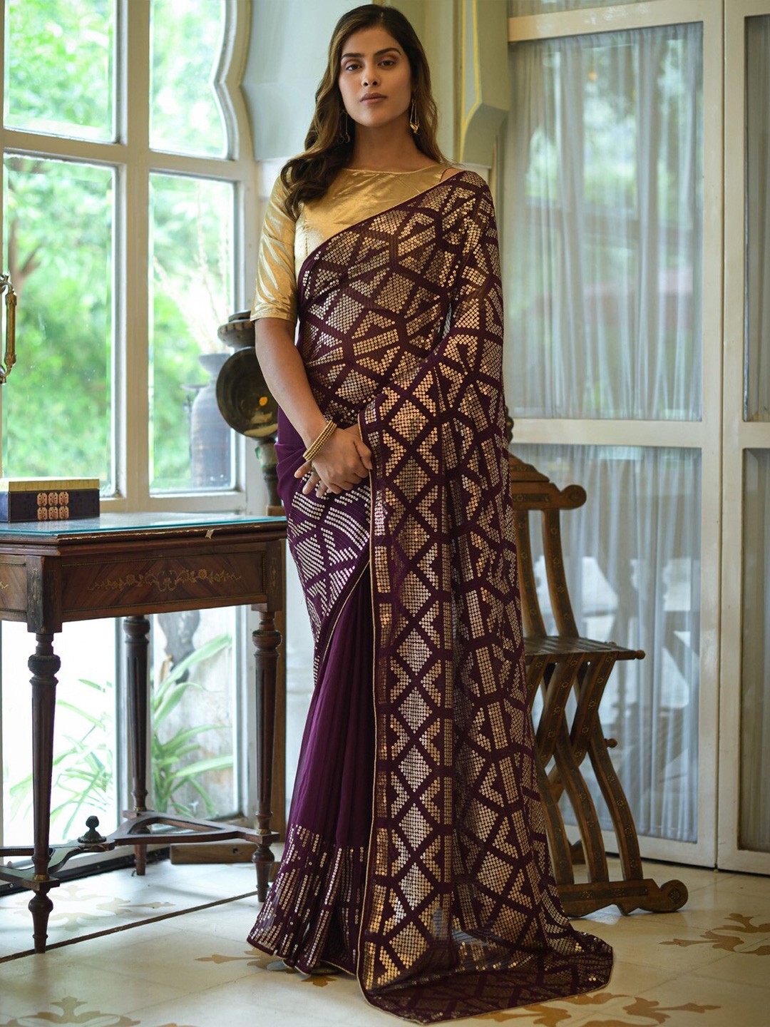 

KALINI Embellished Embroidered Poly Georgette Saree, Magenta