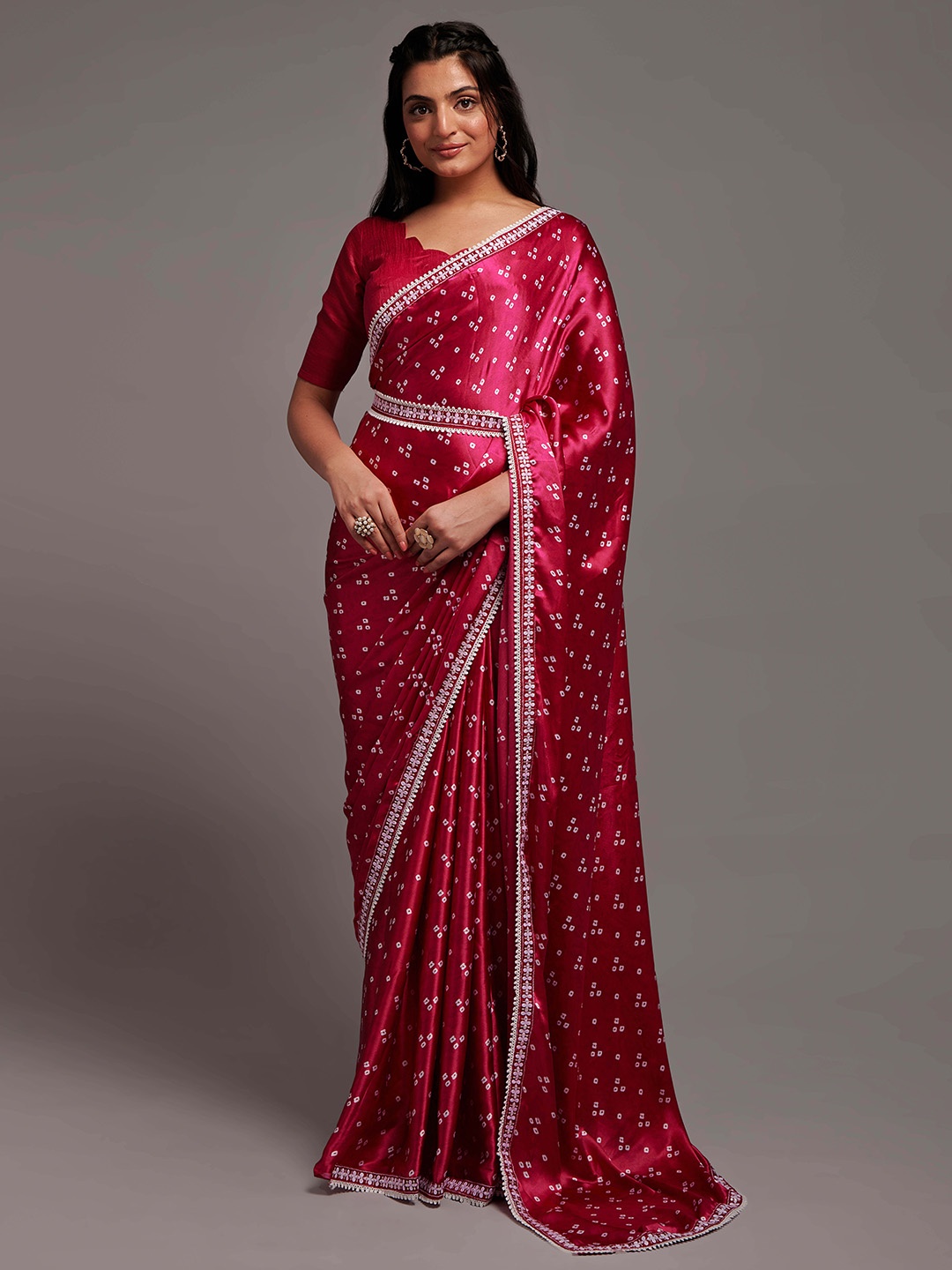 

KALINI Bandhani Printed Sequinned Satin Saree, Pink