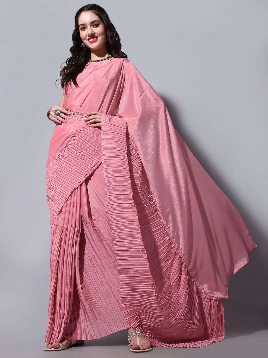 

KALINI Striped Poly Chiffon Saree, Peach