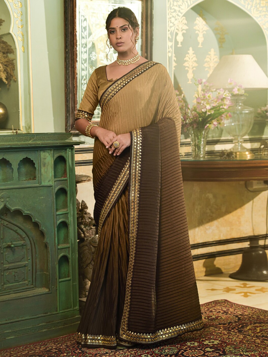 

KALINI Ombre Dyed Embroidered Border Saree, Coffee brown