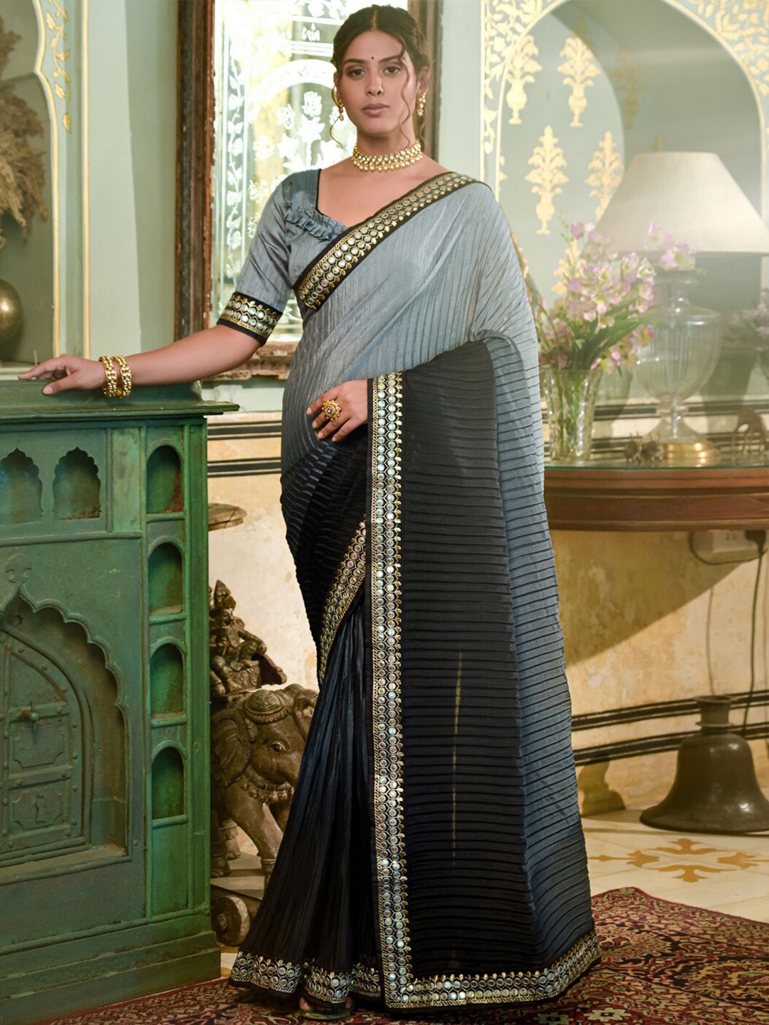 

KALINI Ombre Dyed Embroidered Saree, Black