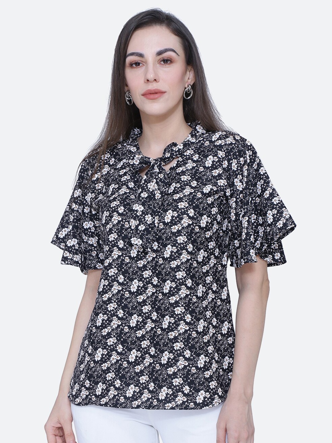 

BAESD Floral Printed Flutter Sleeves Top, Black