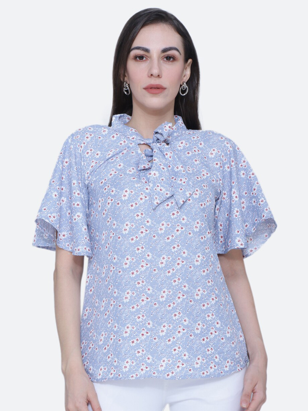 

BAESD Floral Printed Tie-Up Neck Top, Blue