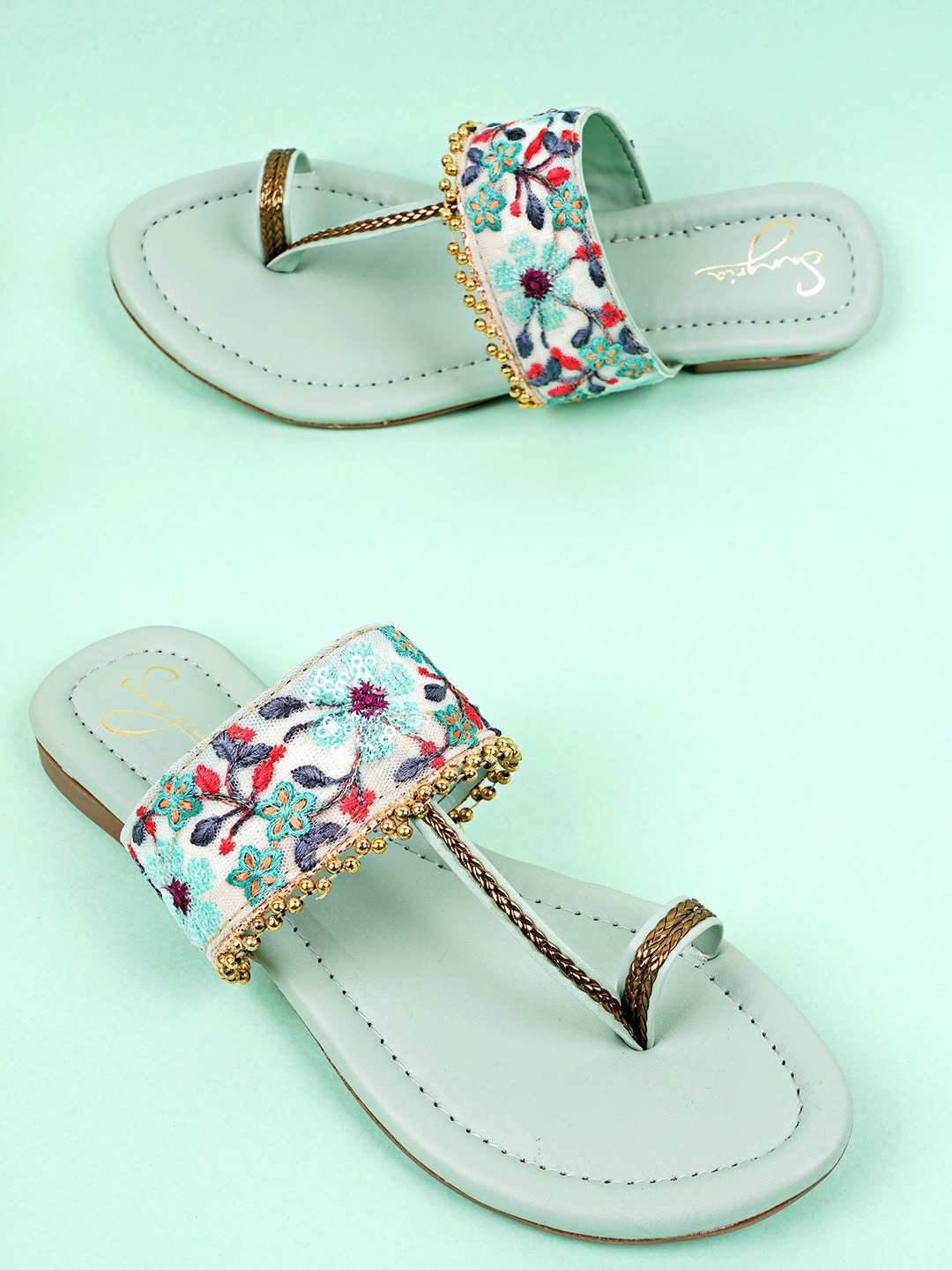 

Sangria Women Sea Green Embroidered Embellished One-Toe Flats