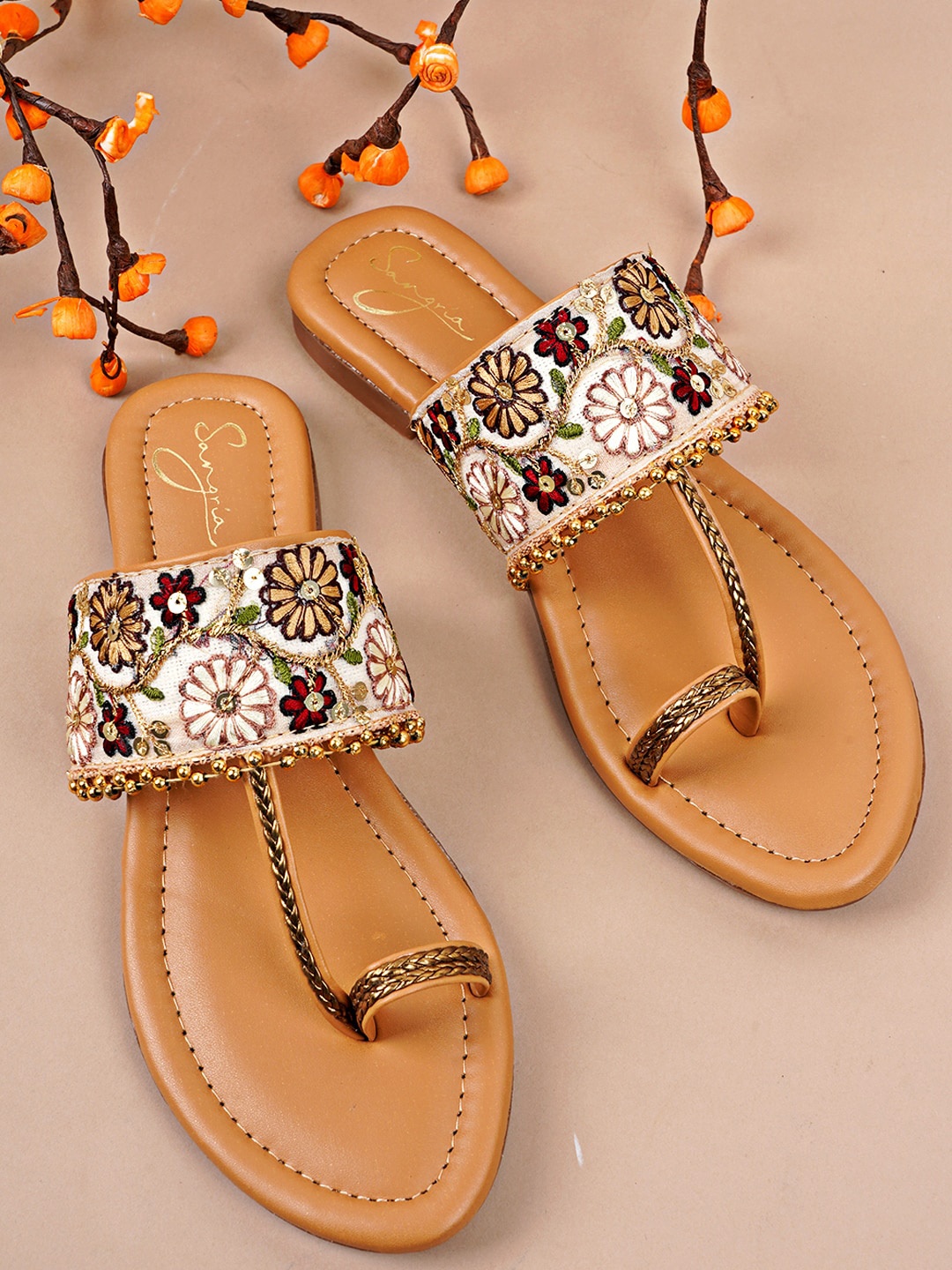 

Sangria Women Beige Embroidered Embellished One-Toe Flats