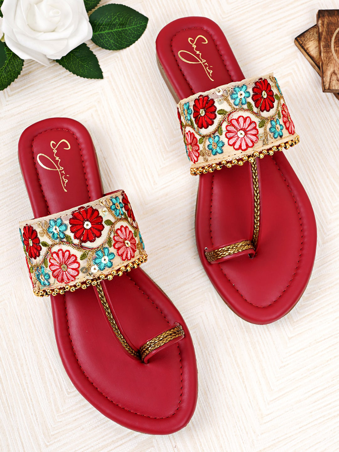 

Sangria Women Maroon Embroidered Embellished One-Toe Flats