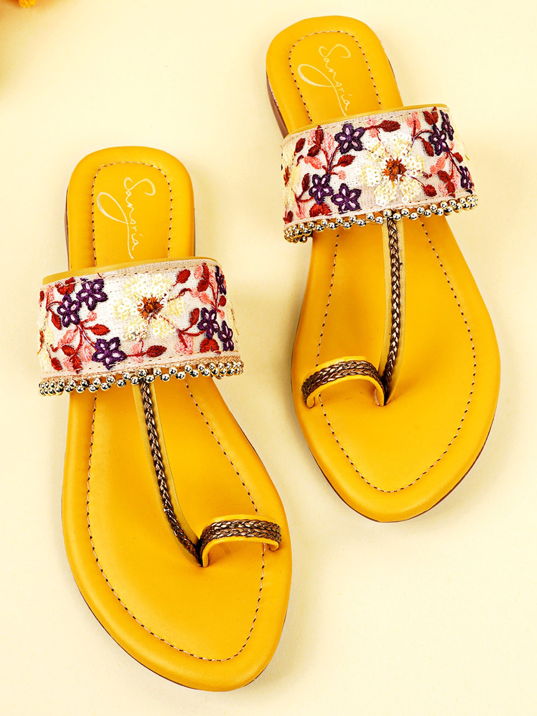 

Sangria Women Yellow Embroidered Embellished One-Toe Flats