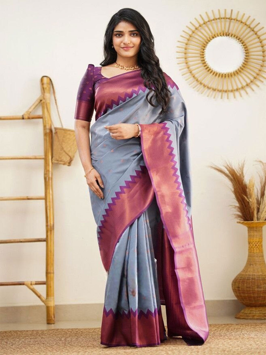 

TEREZA Woven Design Zari Pure Silk Kanjeevaram Saree, Grey