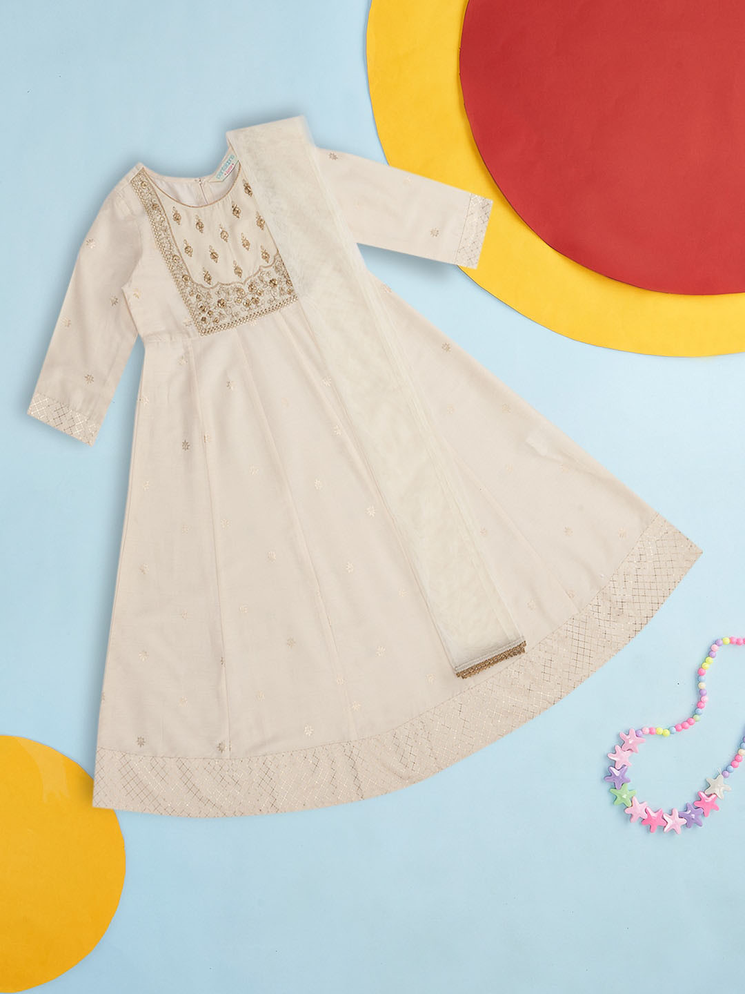 

AKKRITI BY PANTALOONS Girls Ethnic Motifs Yoke Design Thread Work Kurta, Off white