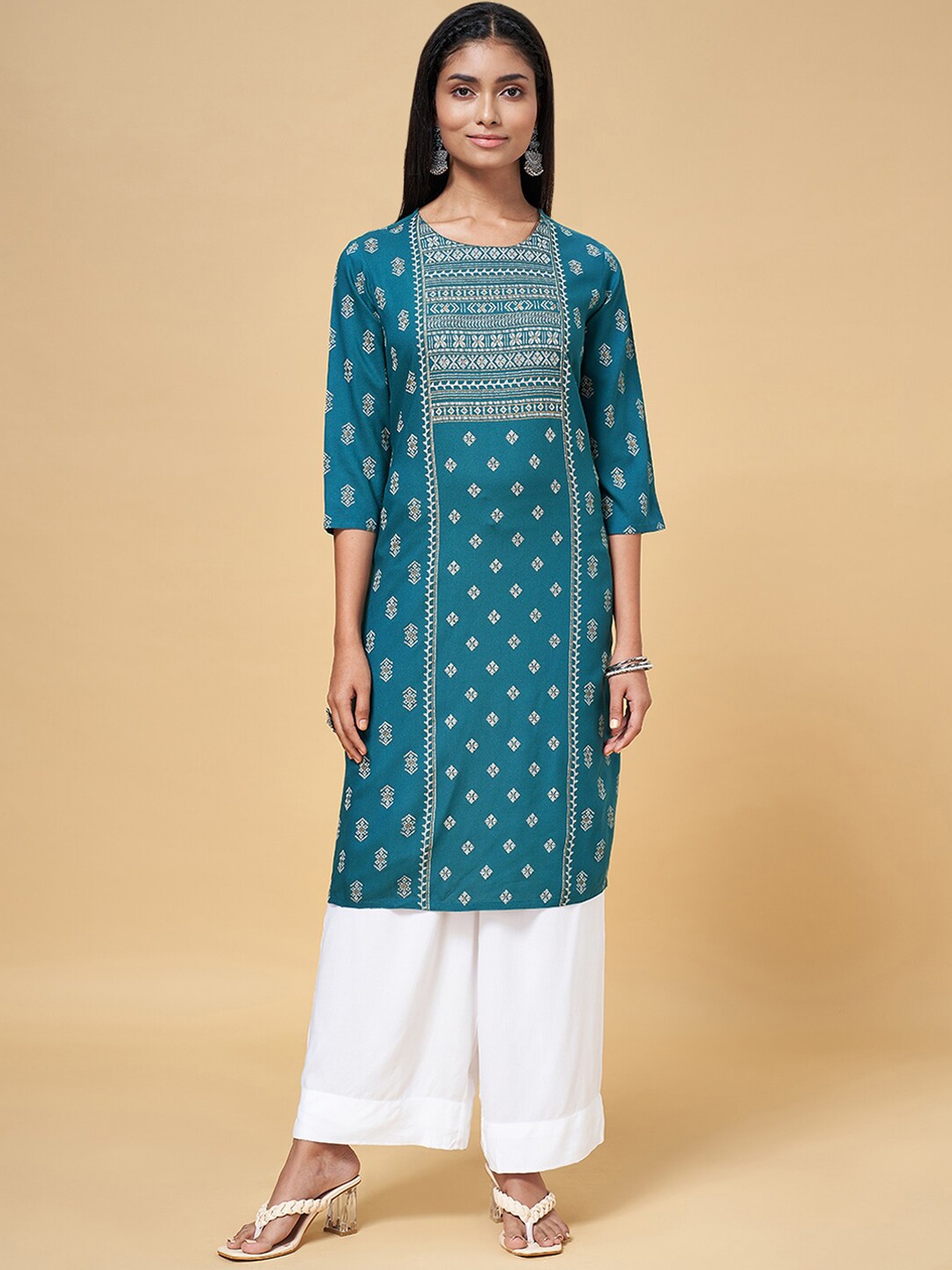 

RANGMANCH BY PANTALOONS Women Geometric Printed Straight Kurta, Turquoise blue