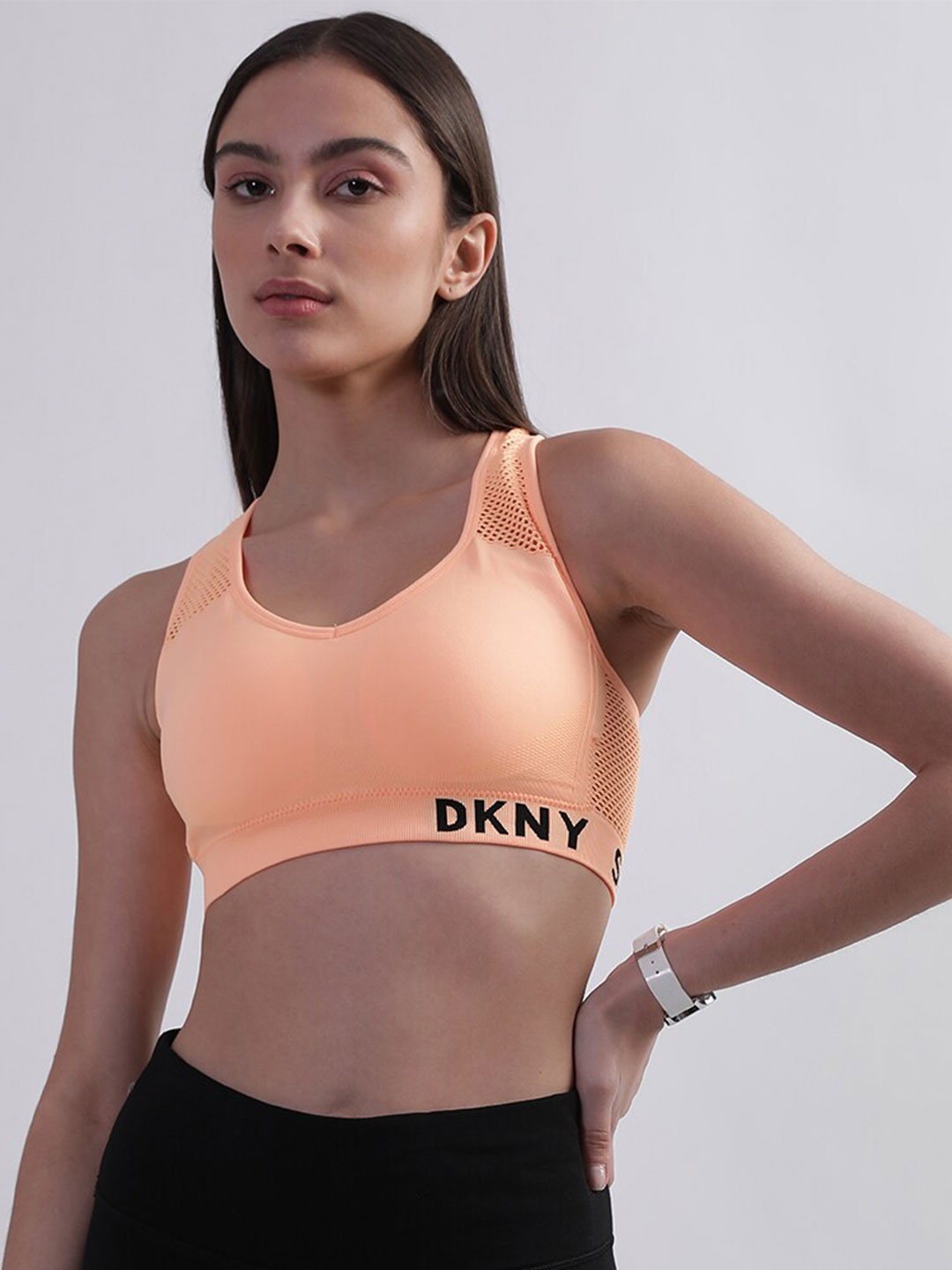 

DKNY Typography Printed Full Coverage Lightly Padded Workout Sports Bra, Peach