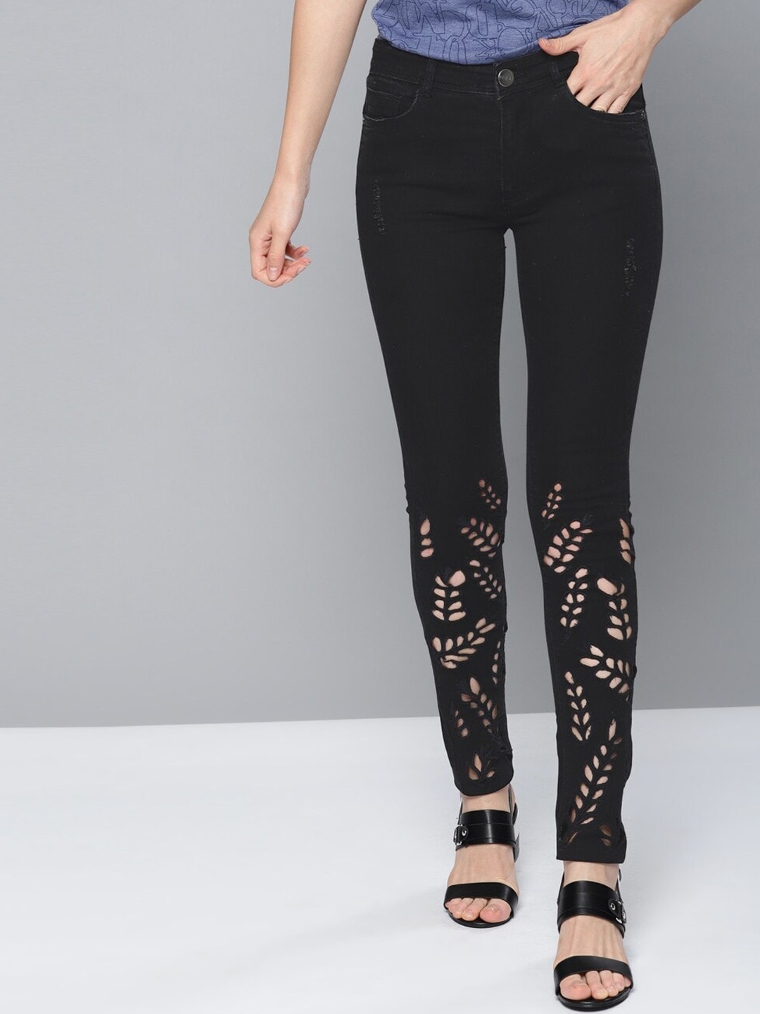 

Mast & Harbour Women Black High-Rise Mildly Distressed Pure Cotton Jeans