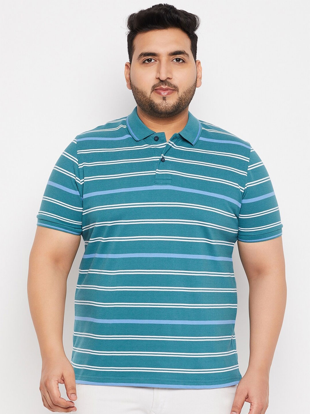 

AUSTIVO Plus Size Striped Polo Collar Regular Fit T-shirt, Blue