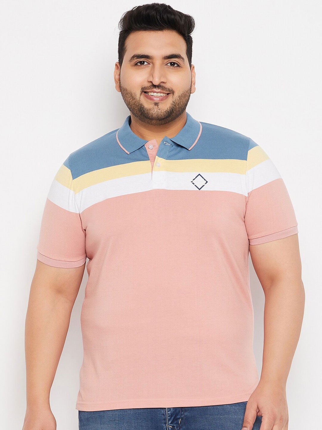 

AUSTIVO Plus Size Colourblocked Polo Collar Regular Fit T-shirt, Peach
