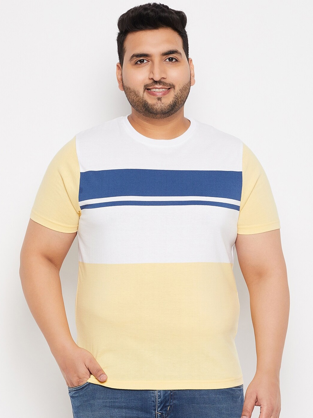 

AUSTIVO Plus Size Round Neck Colourblocked T-shirt, Yellow