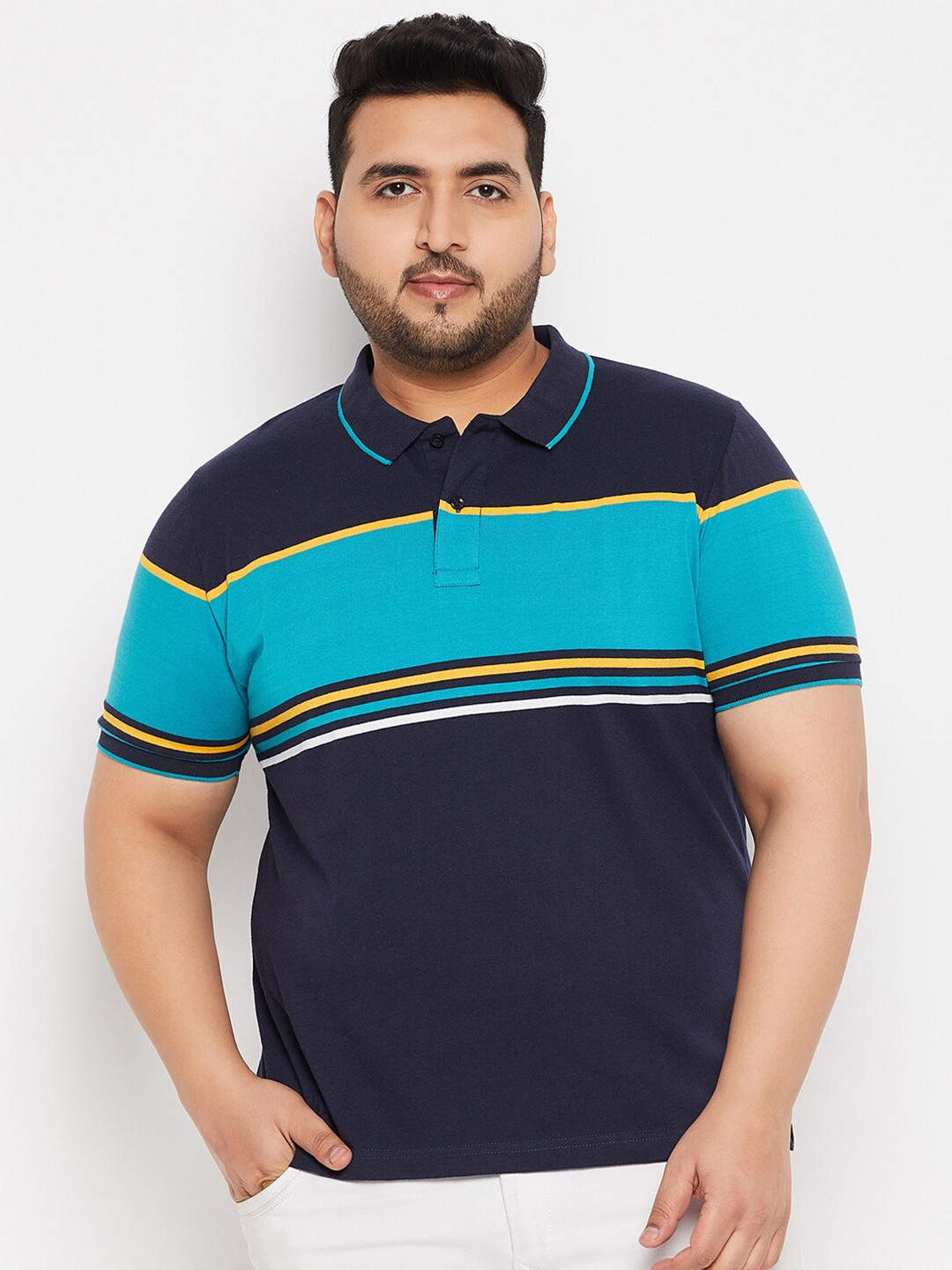 

AUSTIVO Plus Size Striped Polo Collar T-shirt, Navy blue