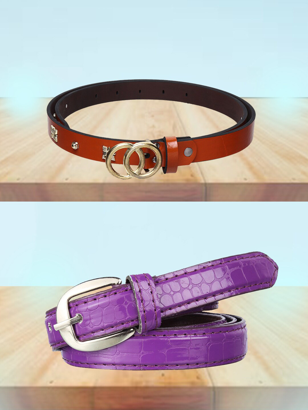 

Swiss Design Women Set of 2 Textured Belt, Purple
