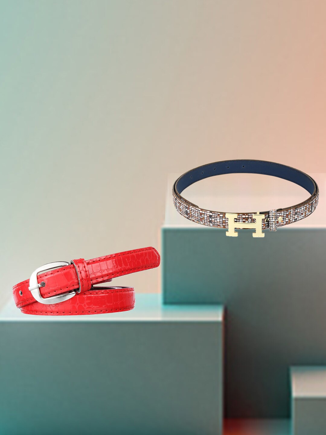 

Swiss Design Women Set of 2 Textured Belt, Red