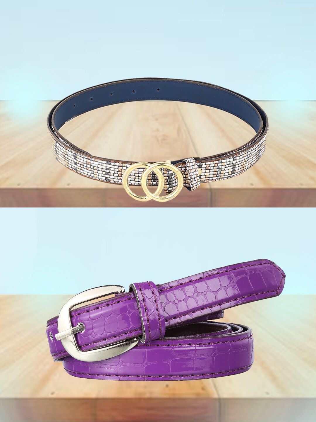 

Swiss Design Women Set Of 2 Textured Casual Slim Belts, Purple