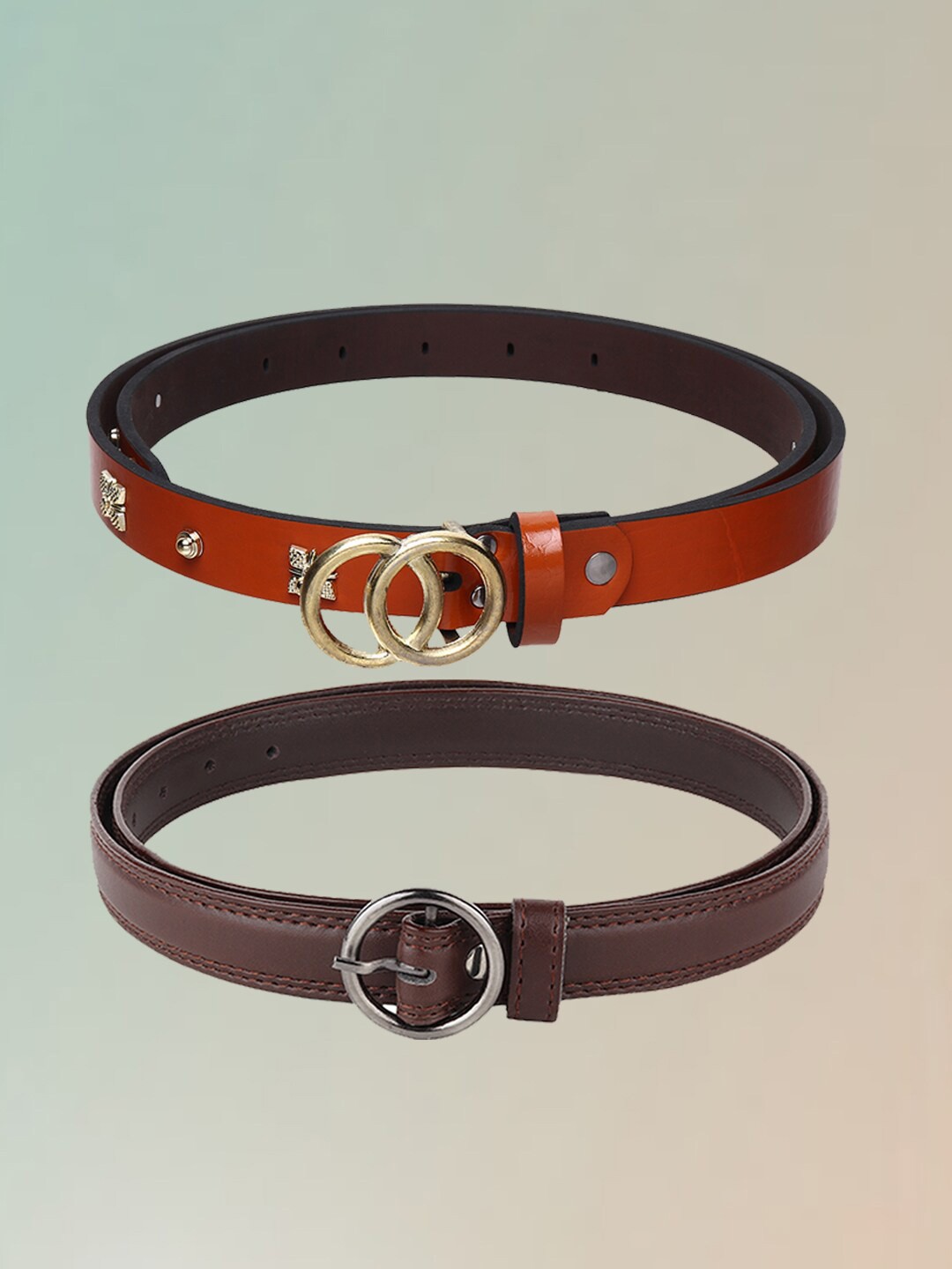 

Swiss Design Women Set Of 2 Casual Slim Belts, Brown