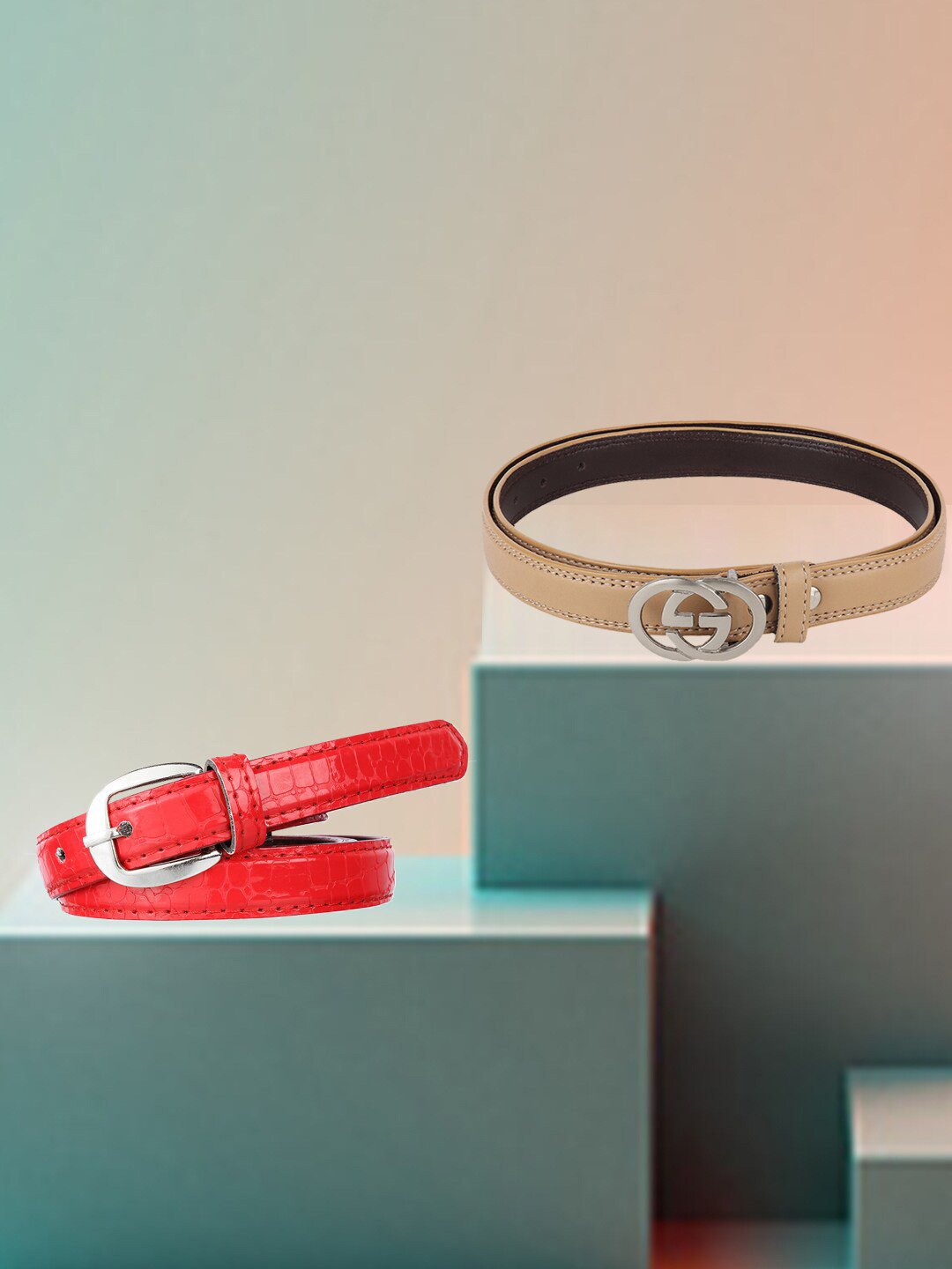 

Swiss Design Women Set Of 2 Casual Slim Belts, Red
